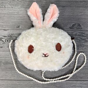 Kawaii Lolita Cute Bunny Rabbit Crossbody Purse Beaded Pearl Strap Soft & Fluffy